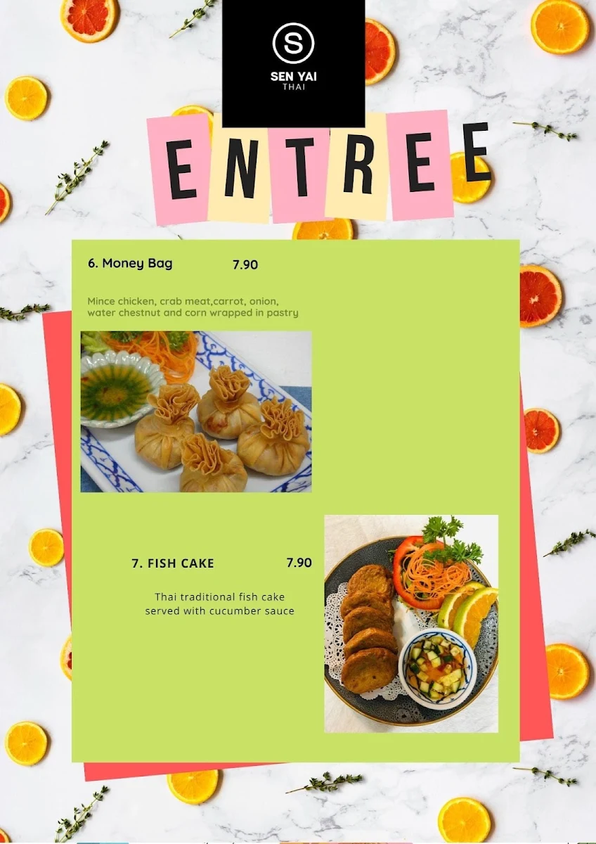 Menu, Sen Yai Thai Restaurant