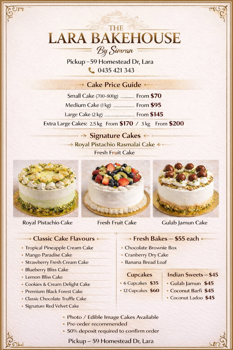 Menu, The Lara Bakehouse