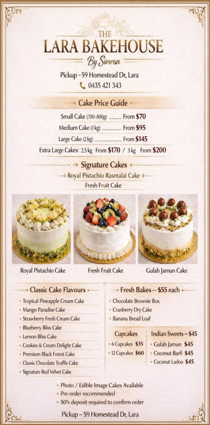Menu, The Lara Bakehouse