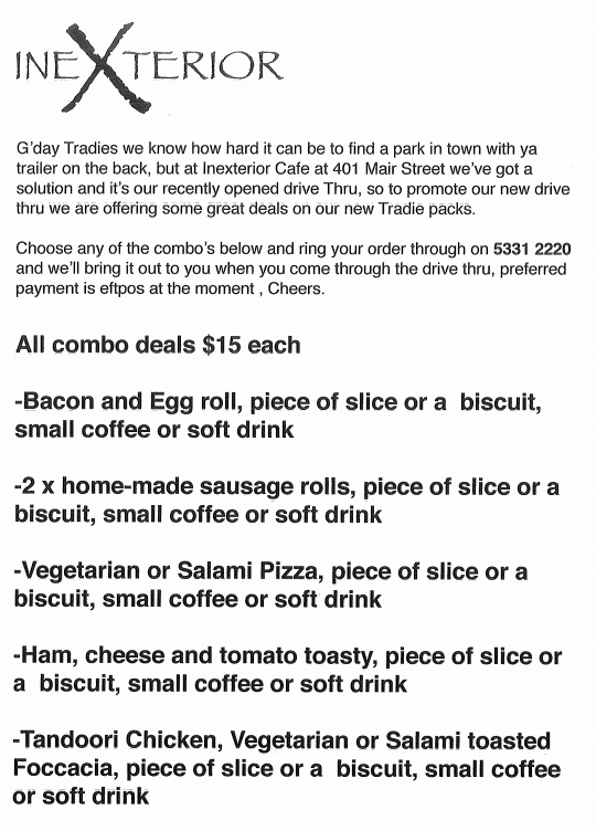Menu, IneXterior Cafe, Functions and Catering