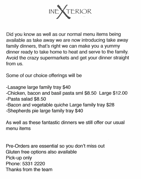 Menu, IneXterior Cafe, Functions and Catering