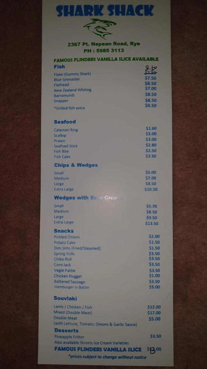 Menu, Shark Shack