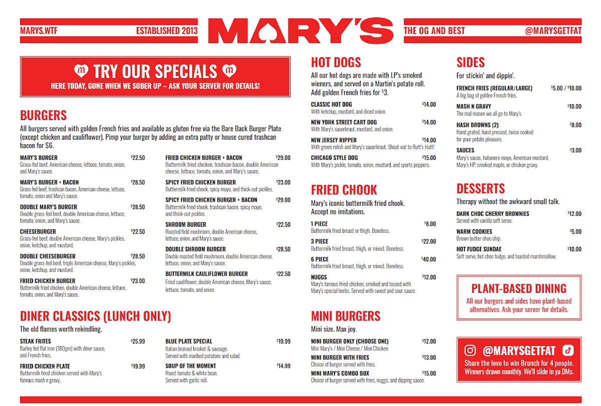 Menu, Mary's North Sydney