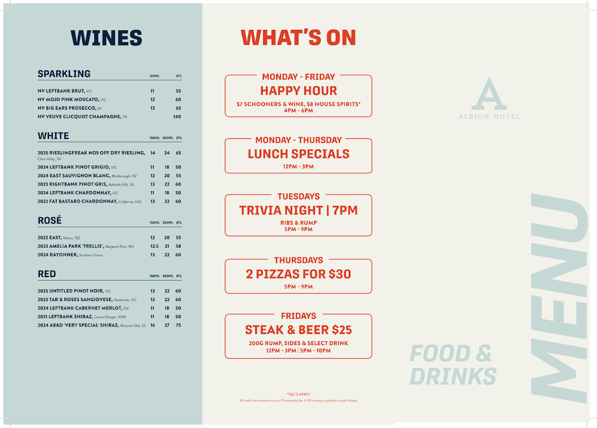 Menu, Albion Hotel