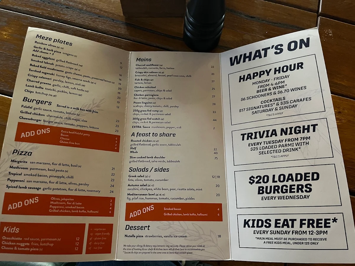 Menu, Albion Hotel