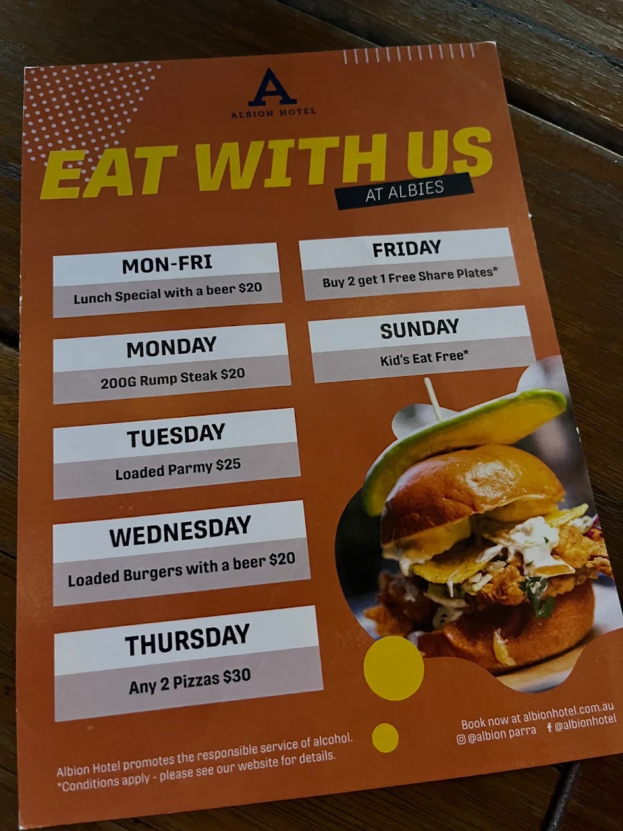 Menu, Albion Hotel