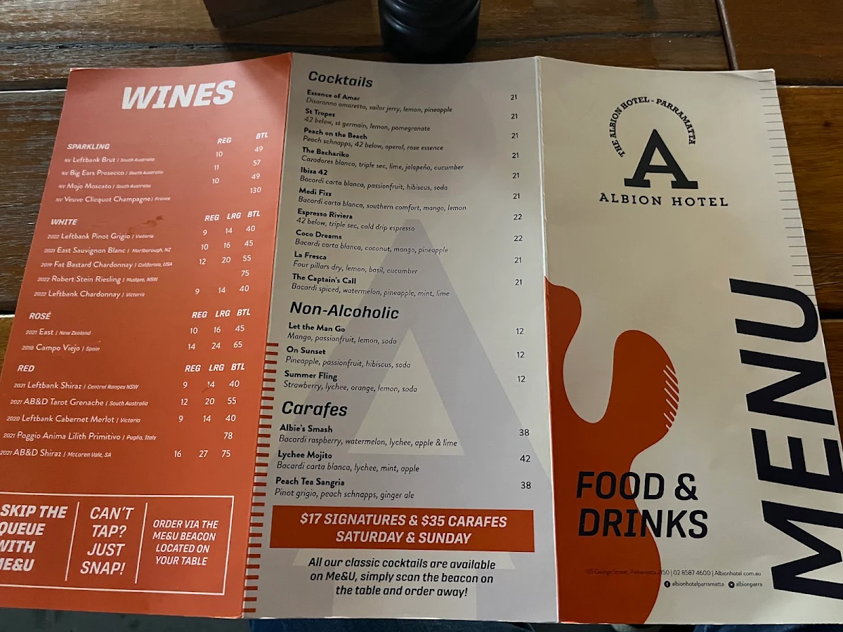 Menu, Albion Hotel