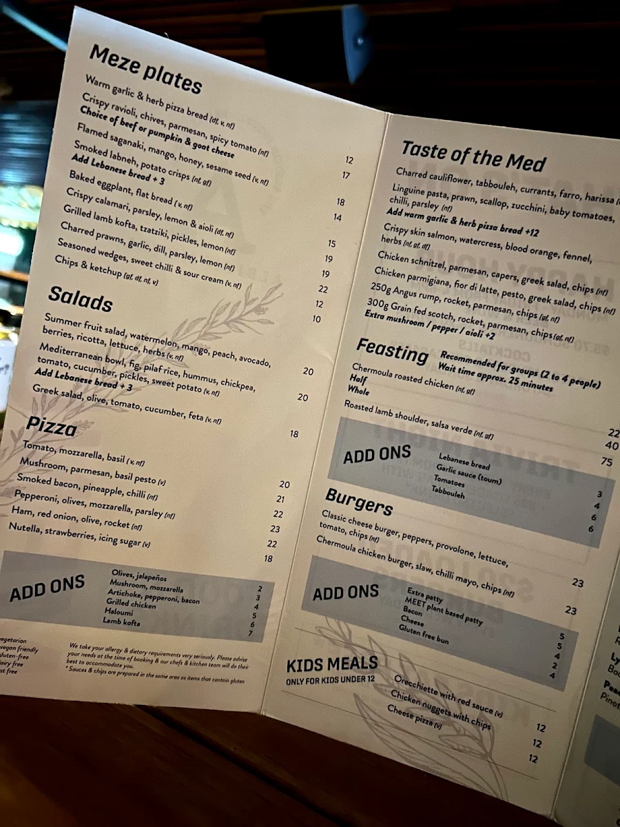 Menu, Albion Hotel