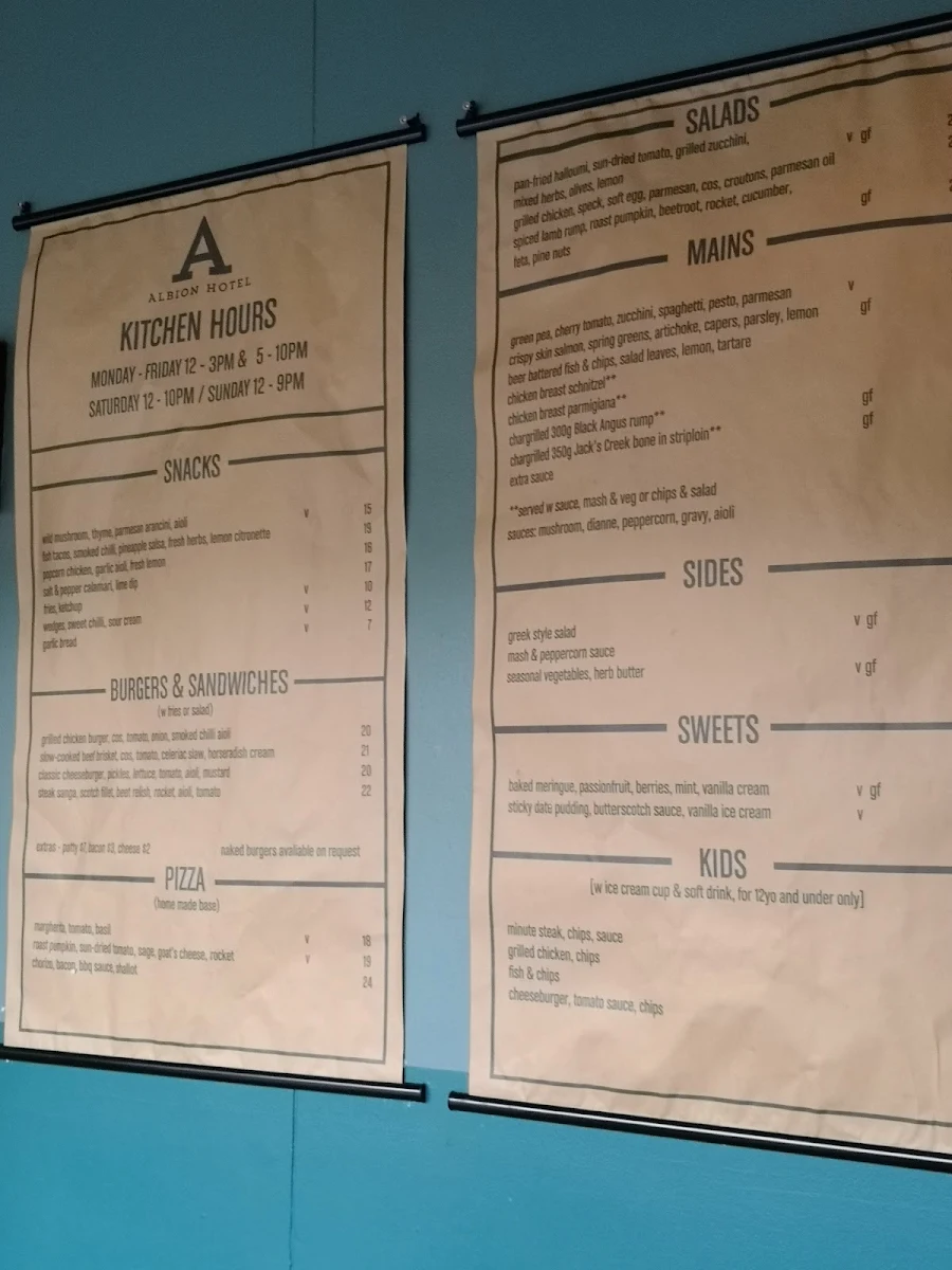 Menu, Albion Hotel