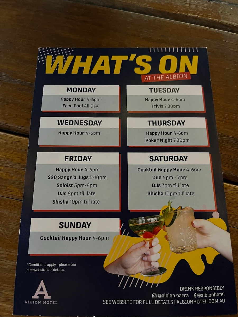 Menu, Albion Hotel