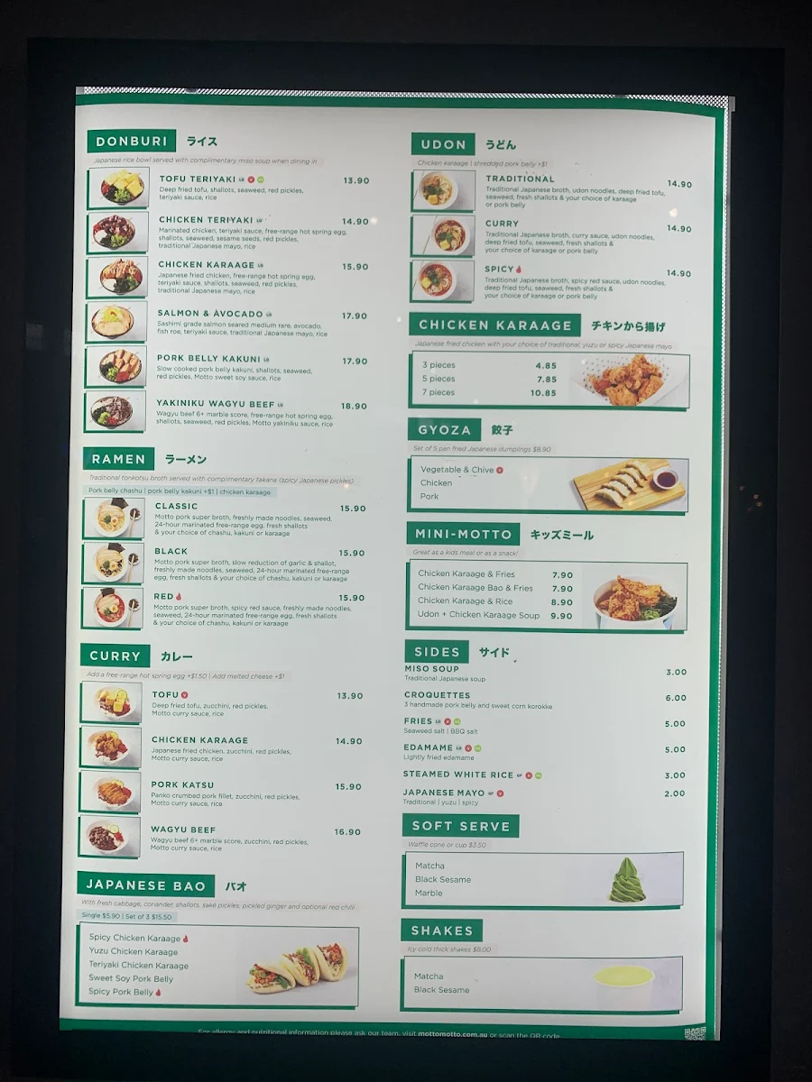 Menu, Motto Motto Japanese Kitchen - Pacific Fair