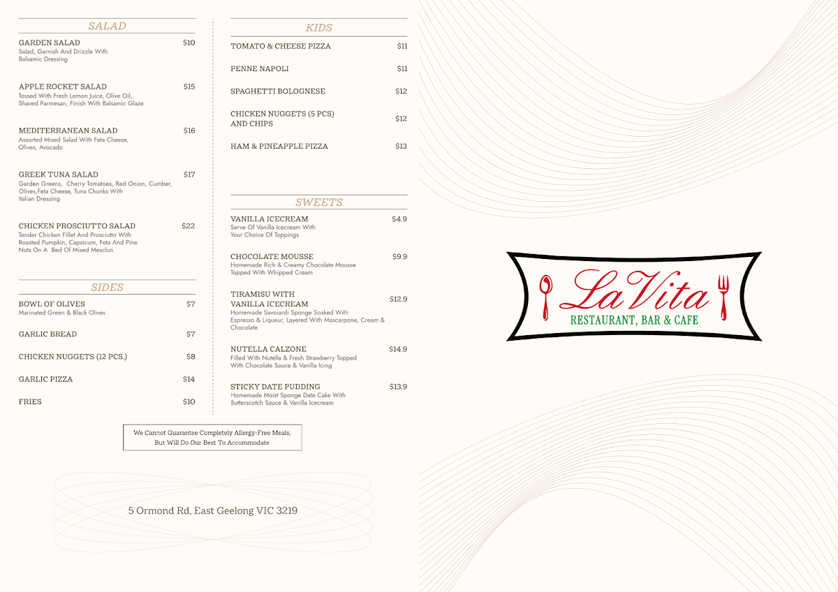 Menu, La Vita RESTAURANT, BAR & CAFE