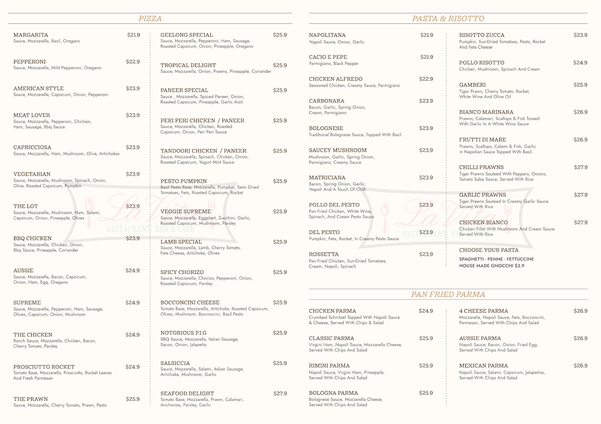 Menu, La Vita RESTAURANT, BAR & CAFE