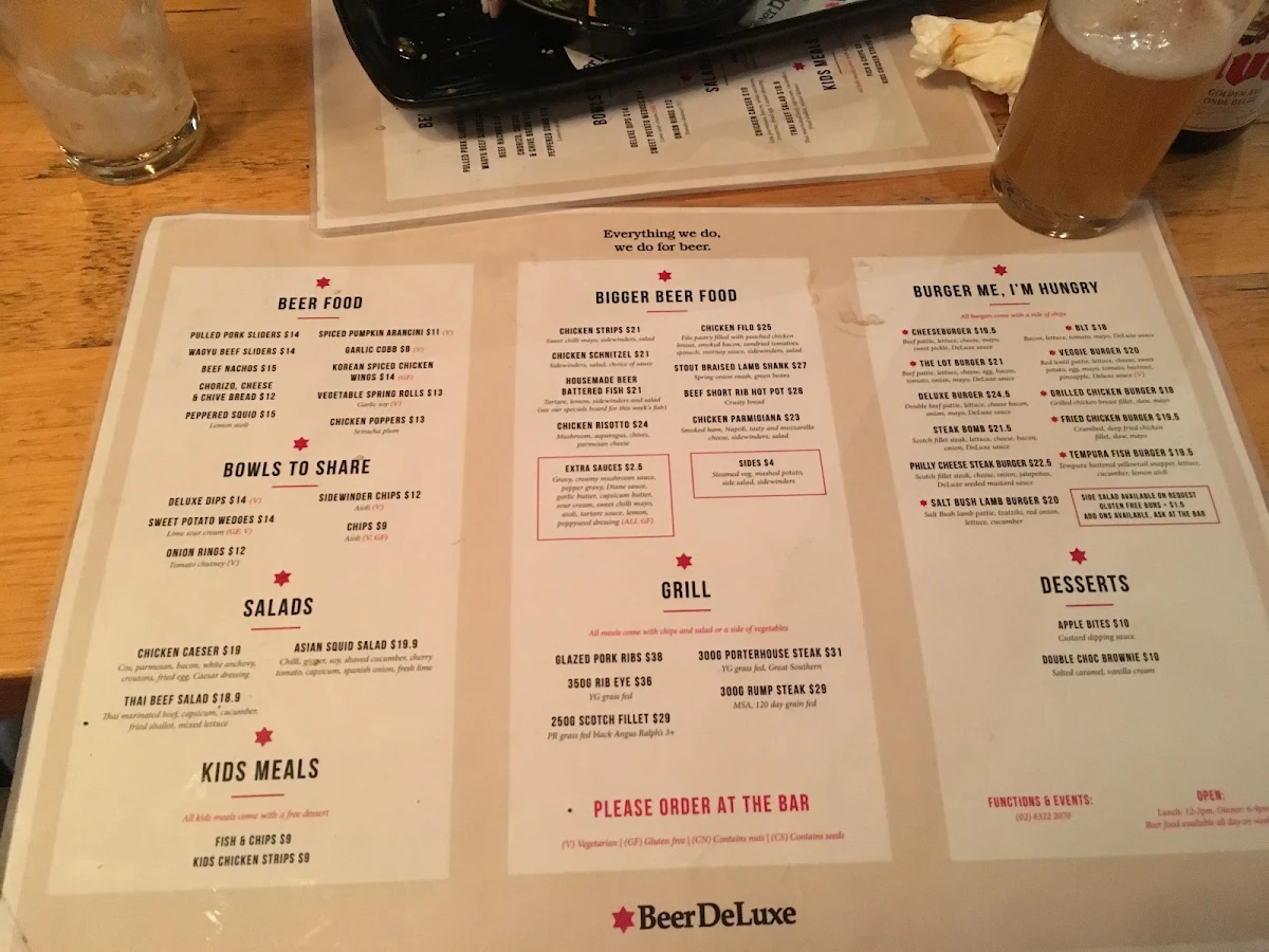 Menu, Beer DeLuxe Albury