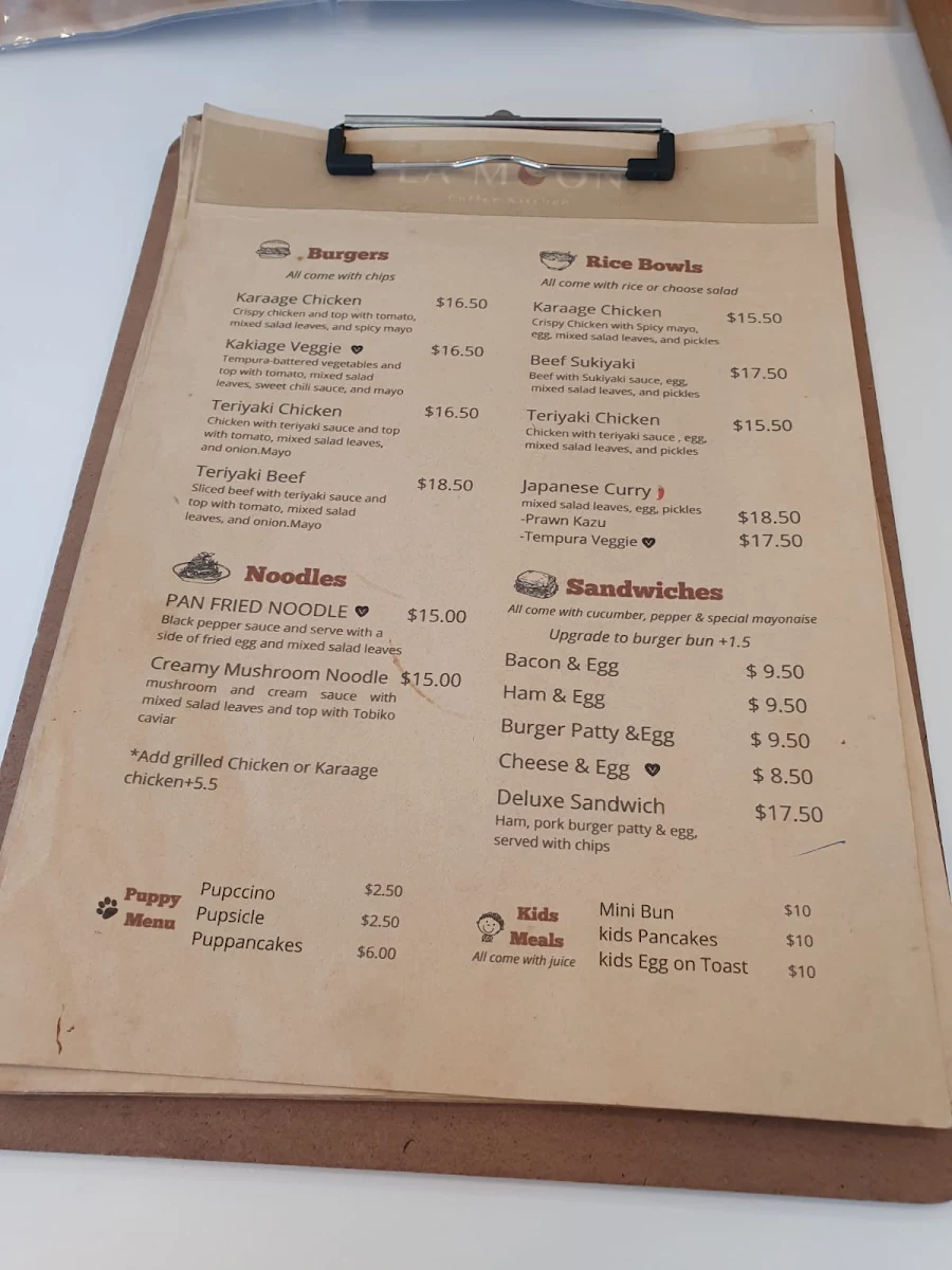 Menu, LA Moon cafe