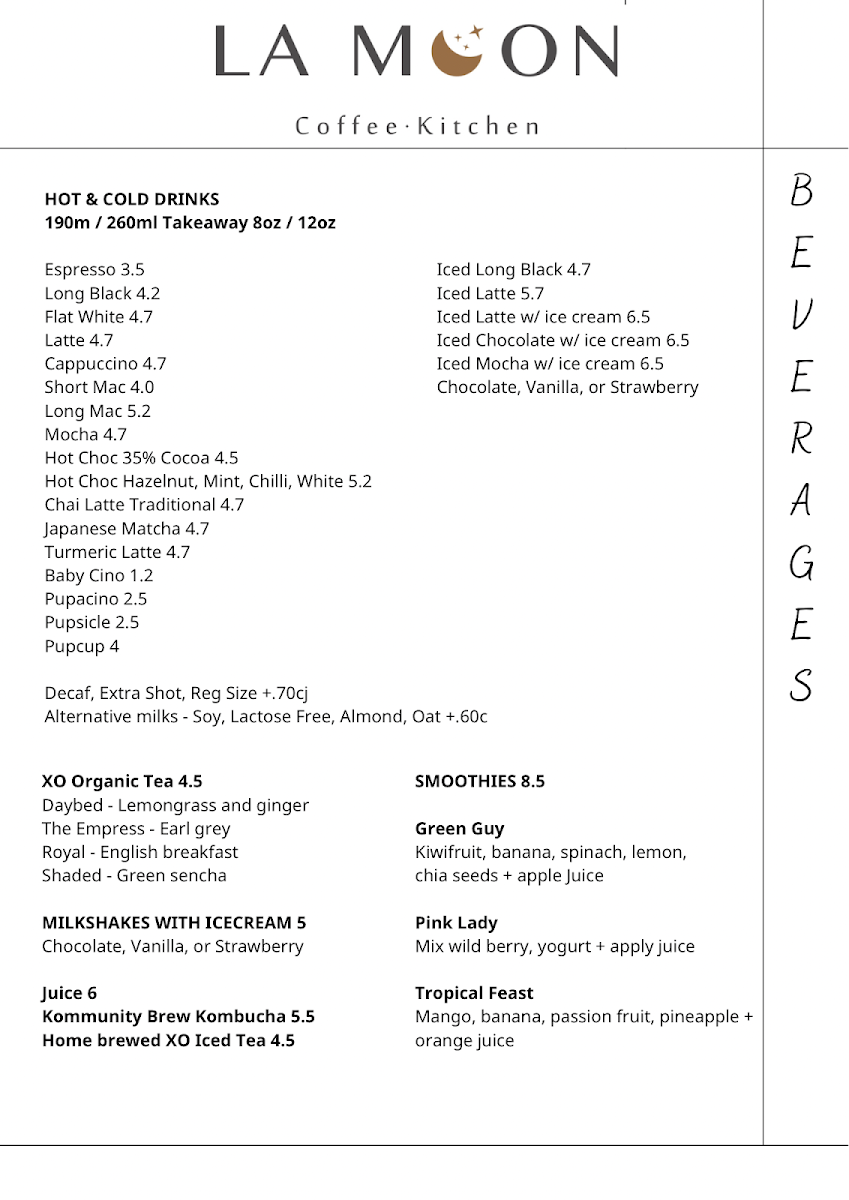 Menu, LA Moon cafe