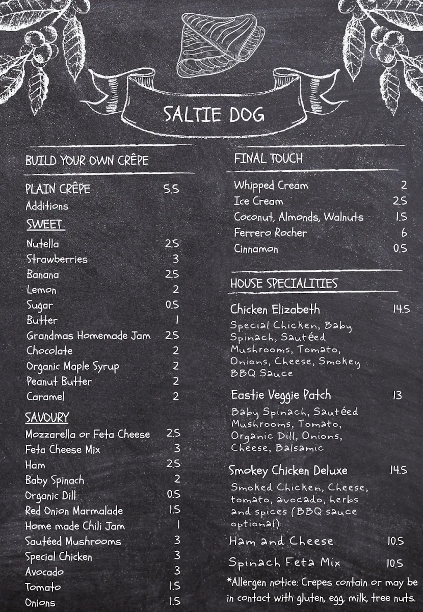 Menu, Saltie Dog - Coffee & Crêpes