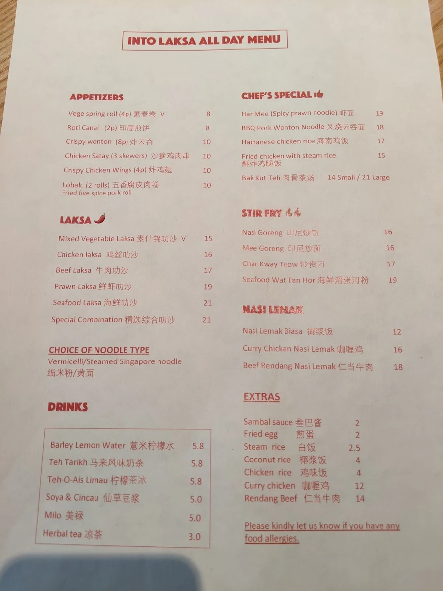 Menu, Into Laksa Waterloo