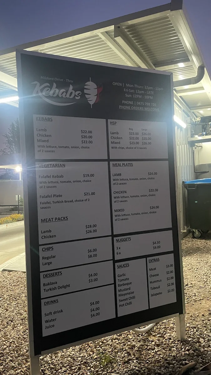 Menu, Mildura Drive-Thru Kebabs
