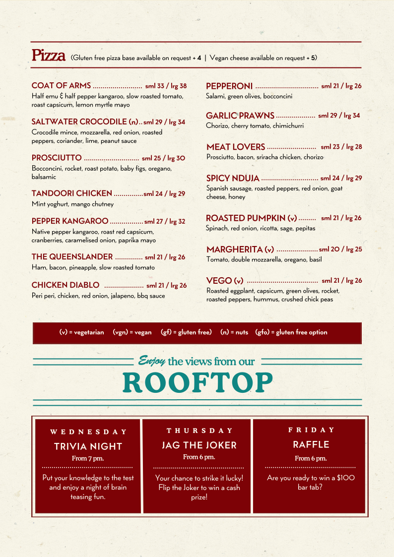 Menu, The Australian Heritage Hotel
