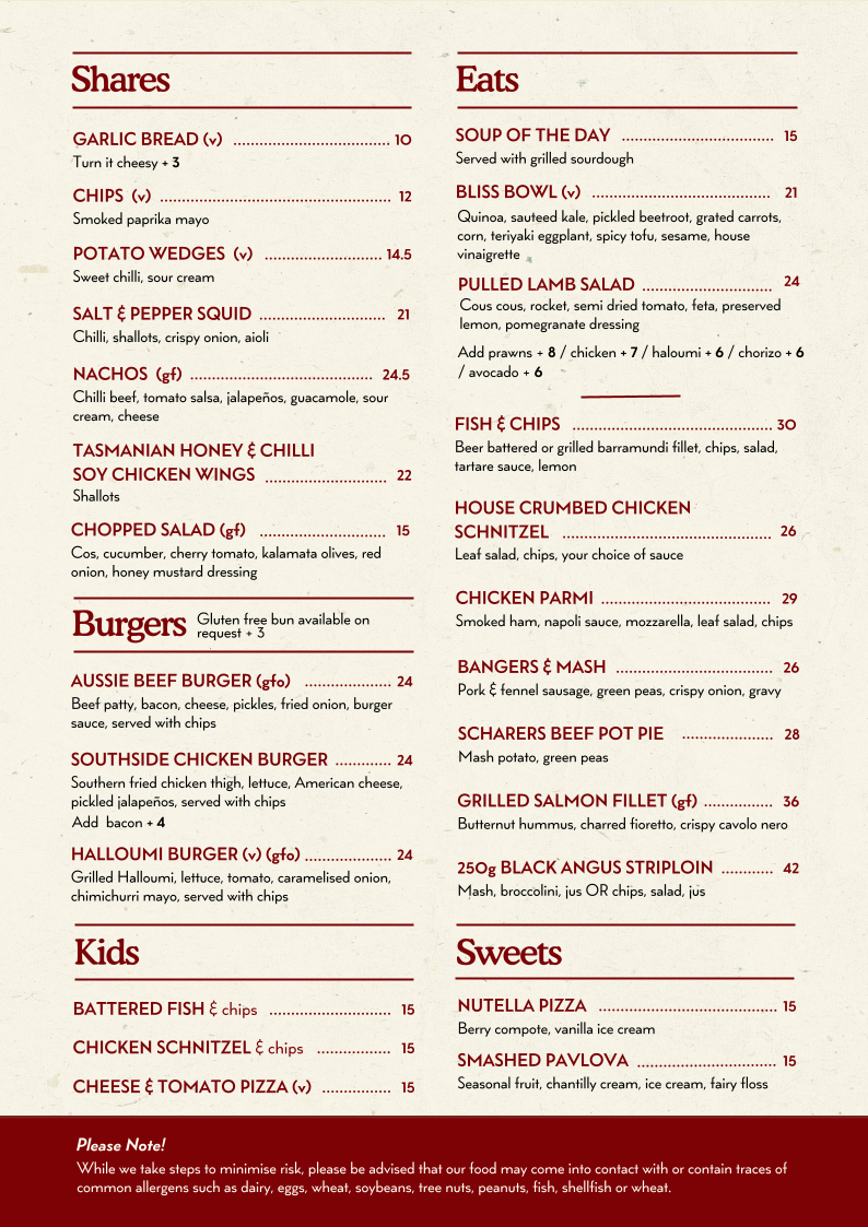 Menu, The Australian Heritage Hotel