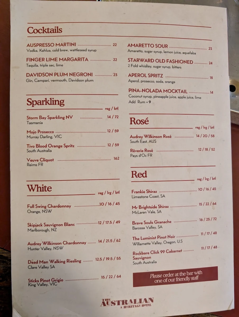 Menu, The Australian Heritage Hotel