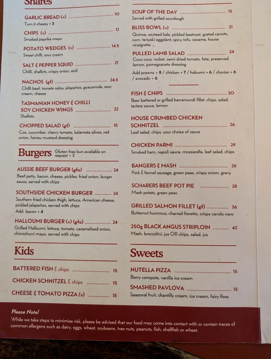 Menu, The Australian Heritage Hotel