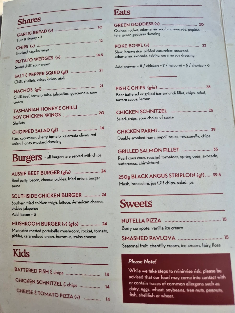 Menu, The Australian Heritage Hotel