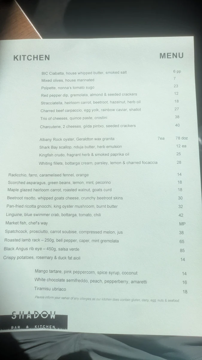 Menu, Shadow Bar & Kitchen