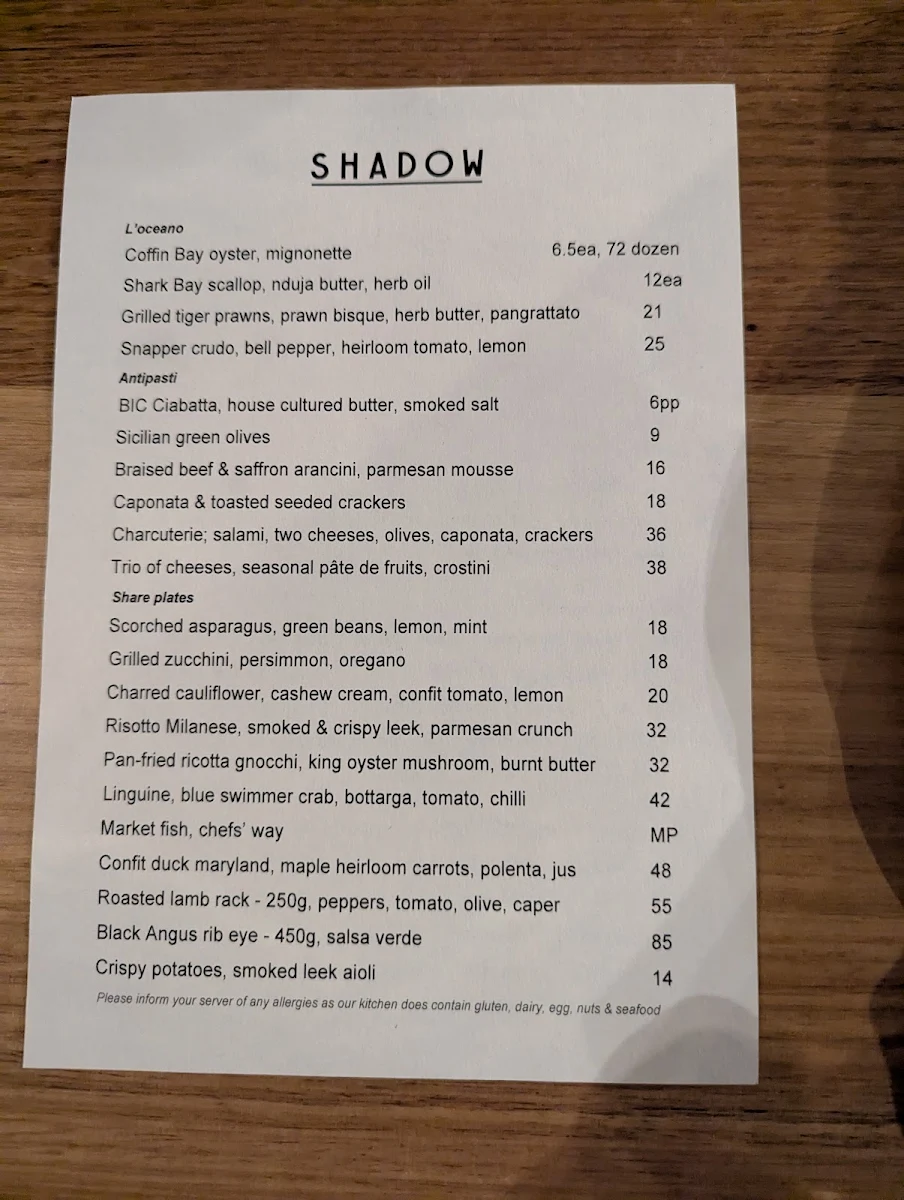 Menu, Shadow Bar & Kitchen