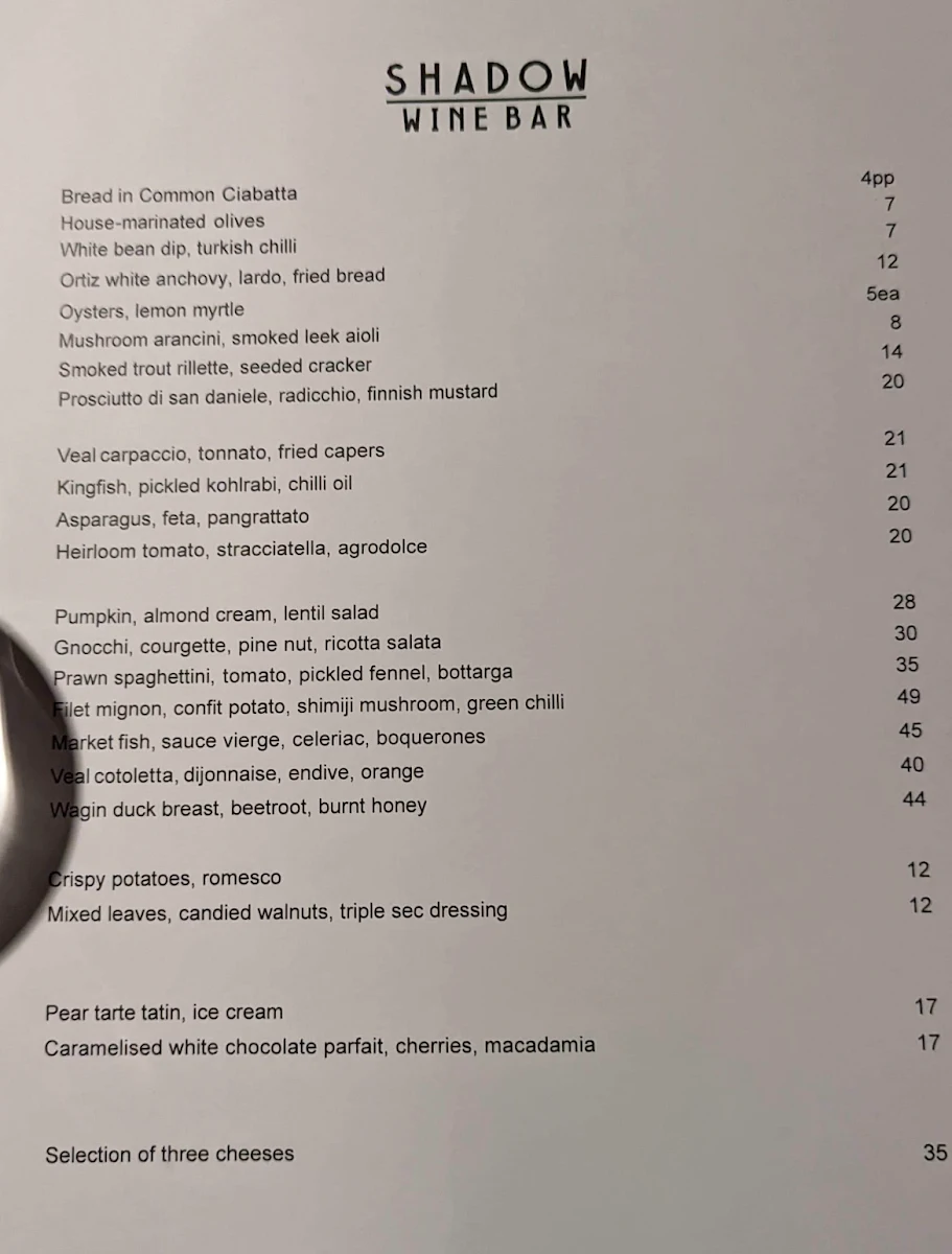 Menu, Shadow Bar & Kitchen