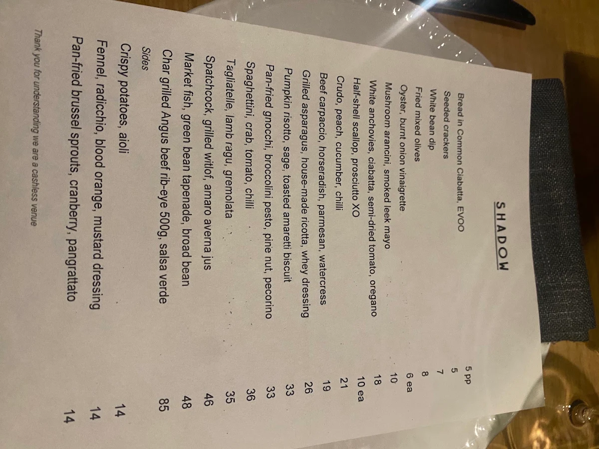 Menu, Shadow Bar & Kitchen