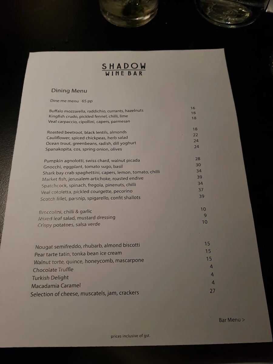 Menu, Shadow Bar & Kitchen