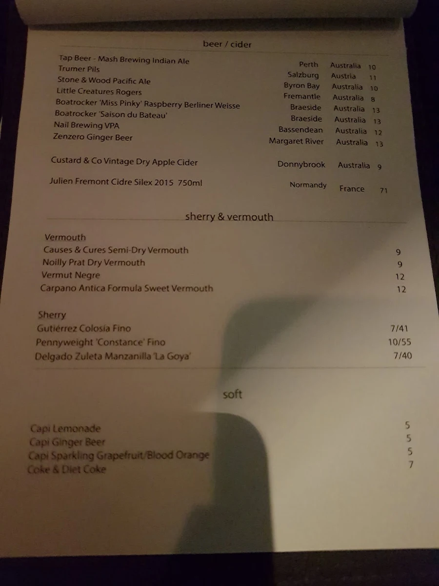 Menu, Shadow Bar & Kitchen
