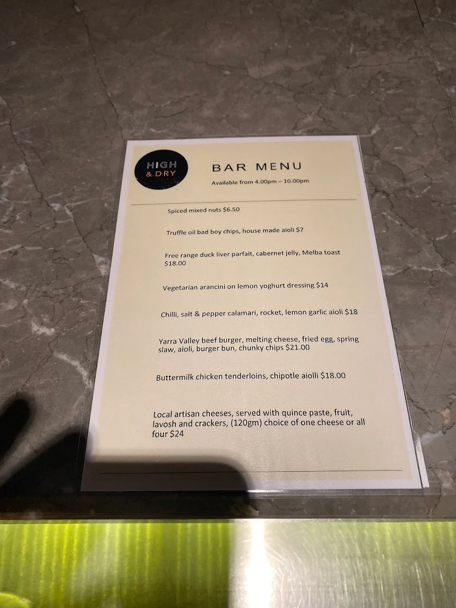 Menu, High & Dry Bar