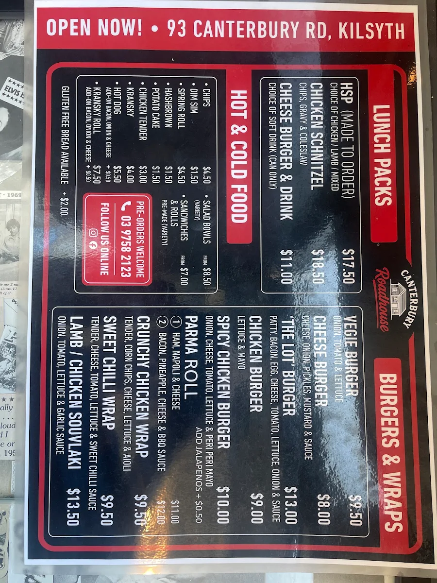 Menu, Canterbury Roadhouse