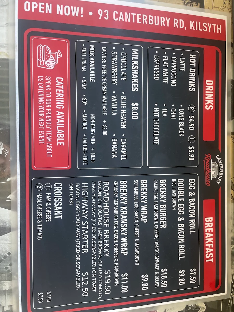 Menu, Canterbury Roadhouse