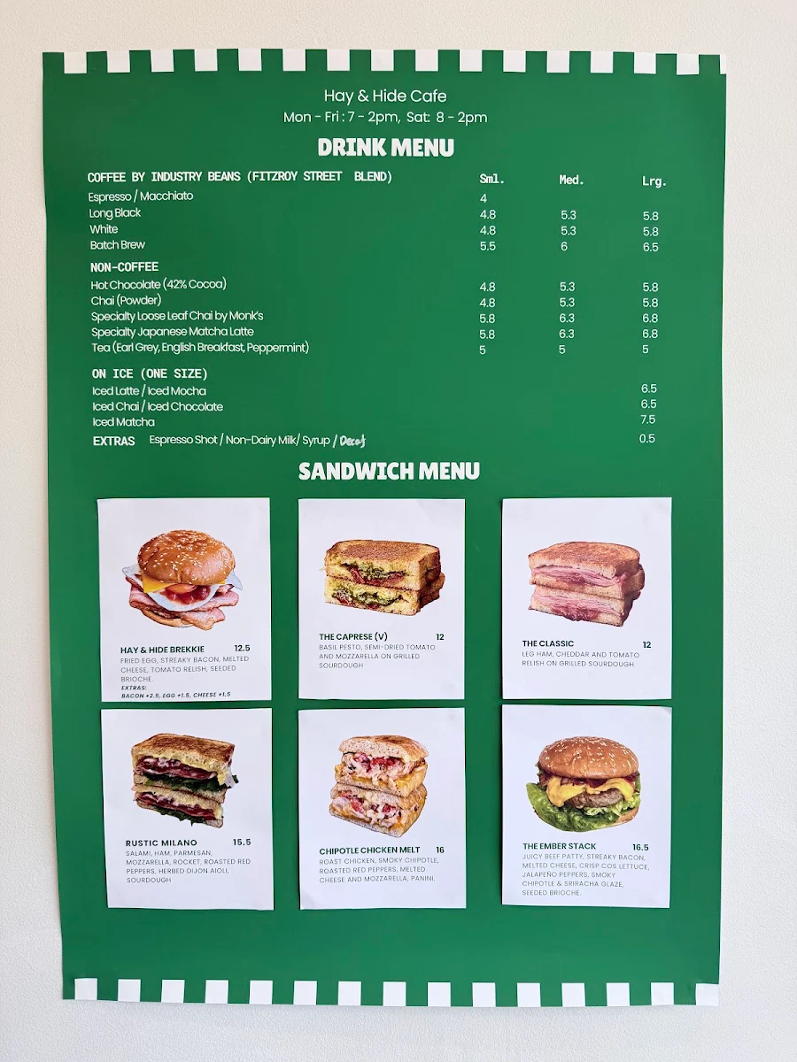 Menu, Hay and Hide Cafe
