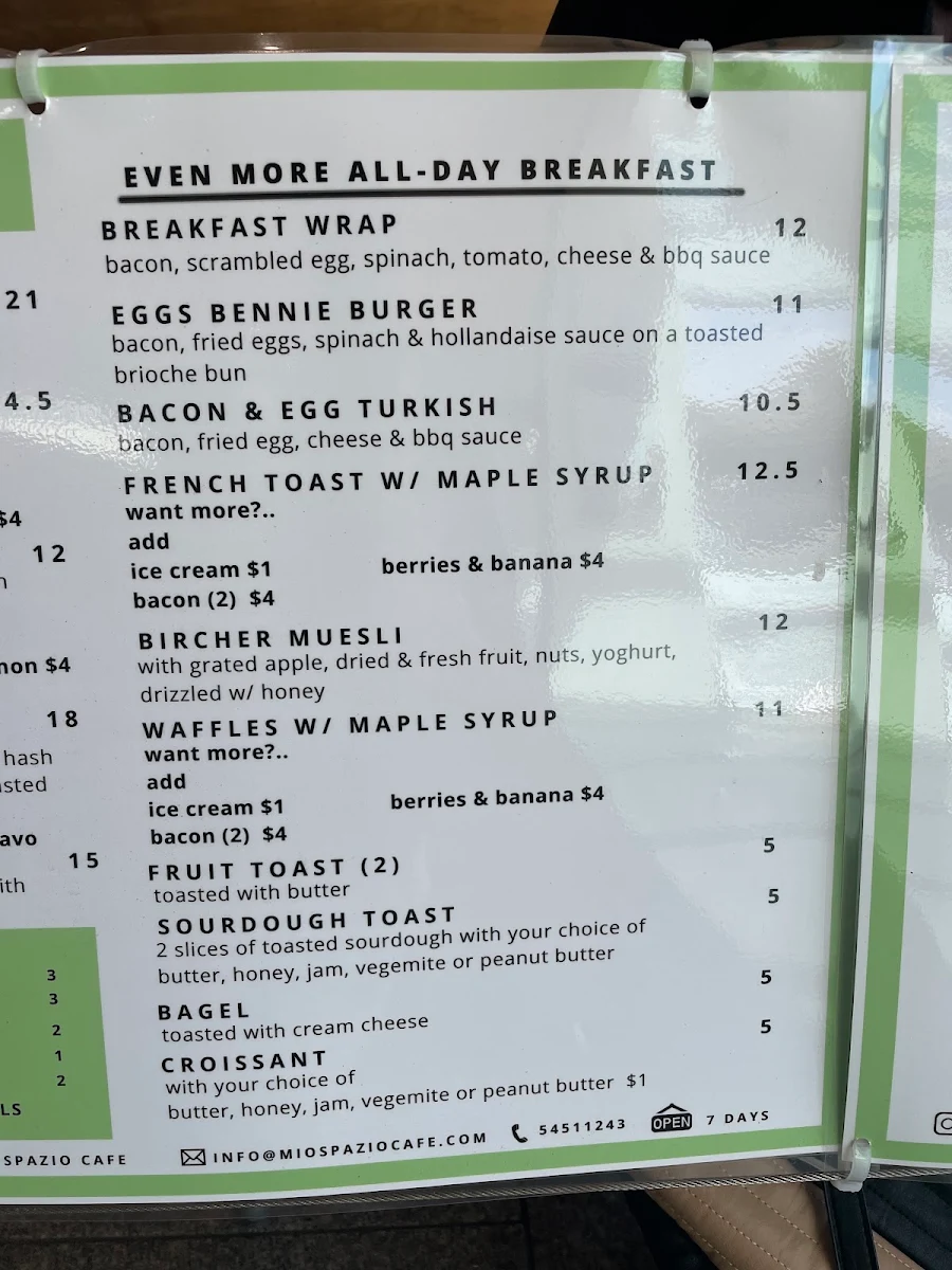 Menu, Mio Spazio Cafe