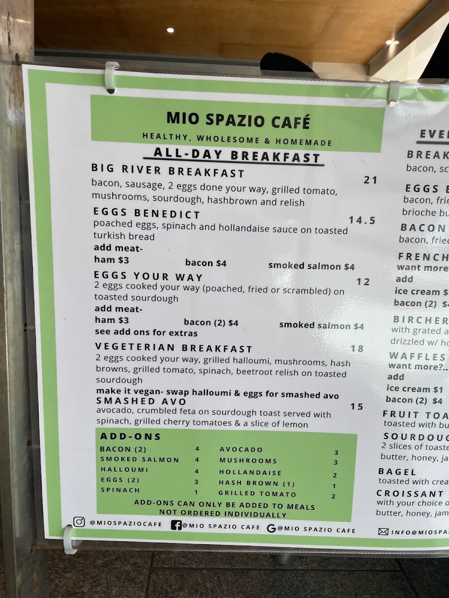 Menu, Mio Spazio Cafe