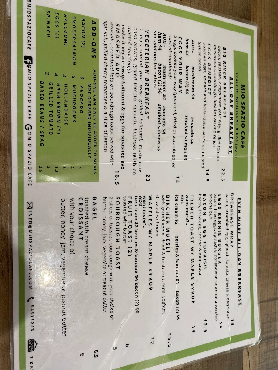 Menu, Mio Spazio Cafe