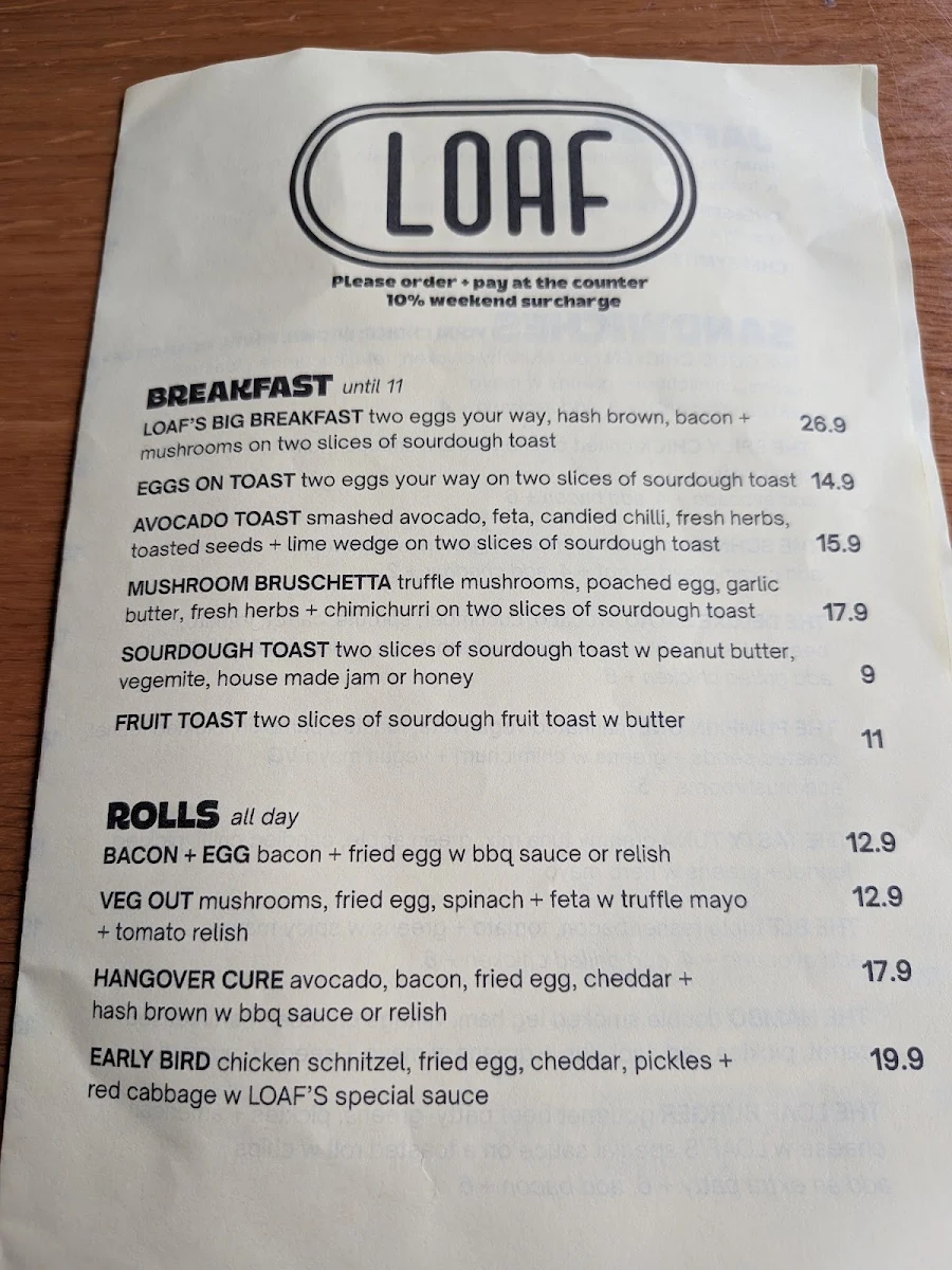 Menu, LOAF Cronulla