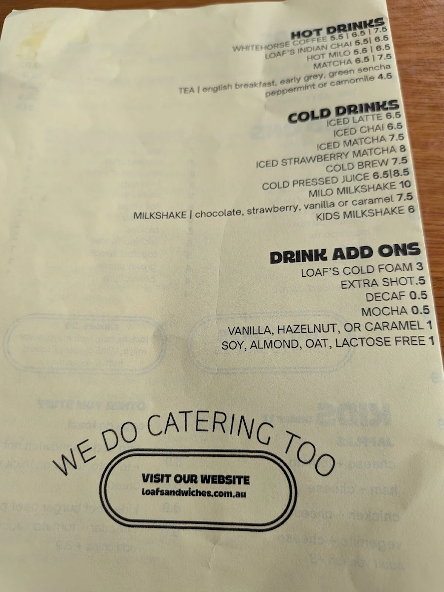 Menu, LOAF Cronulla