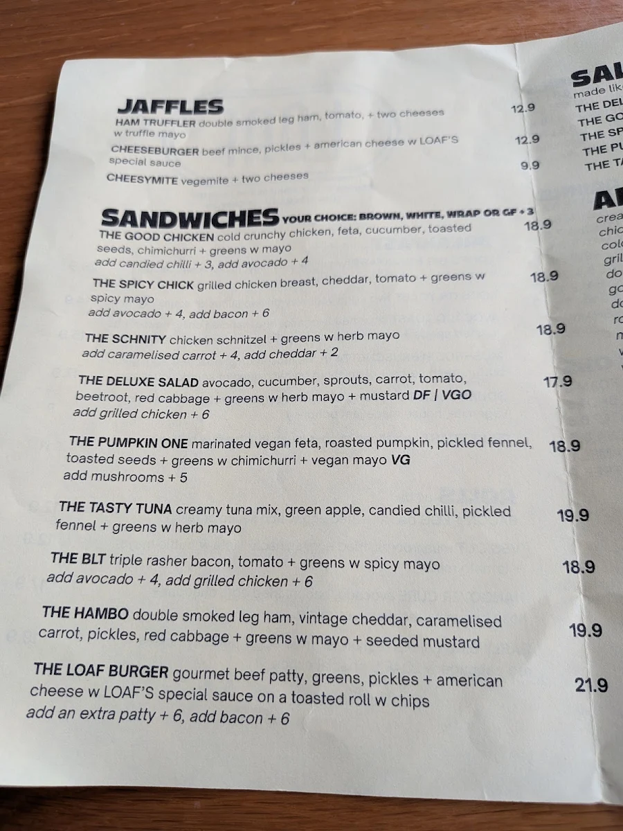 Menu, LOAF Cronulla