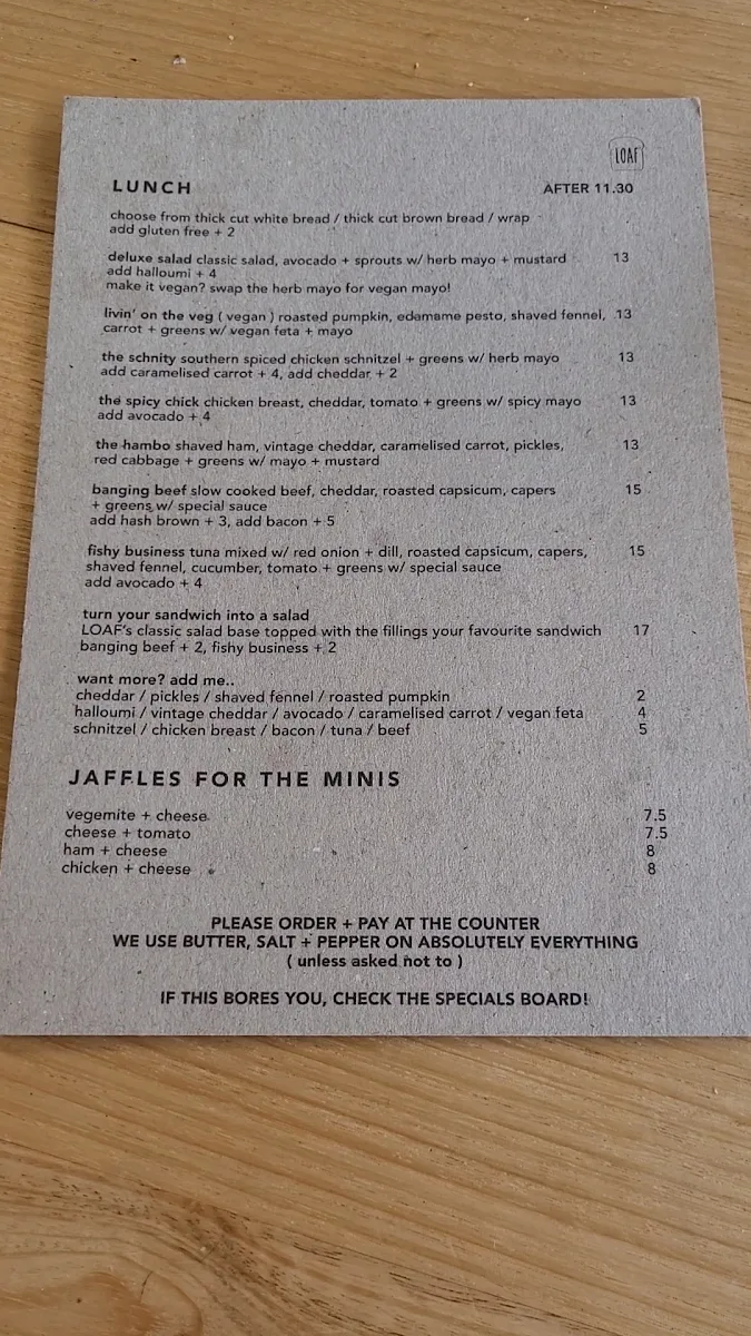 Menu, LOAF Cronulla