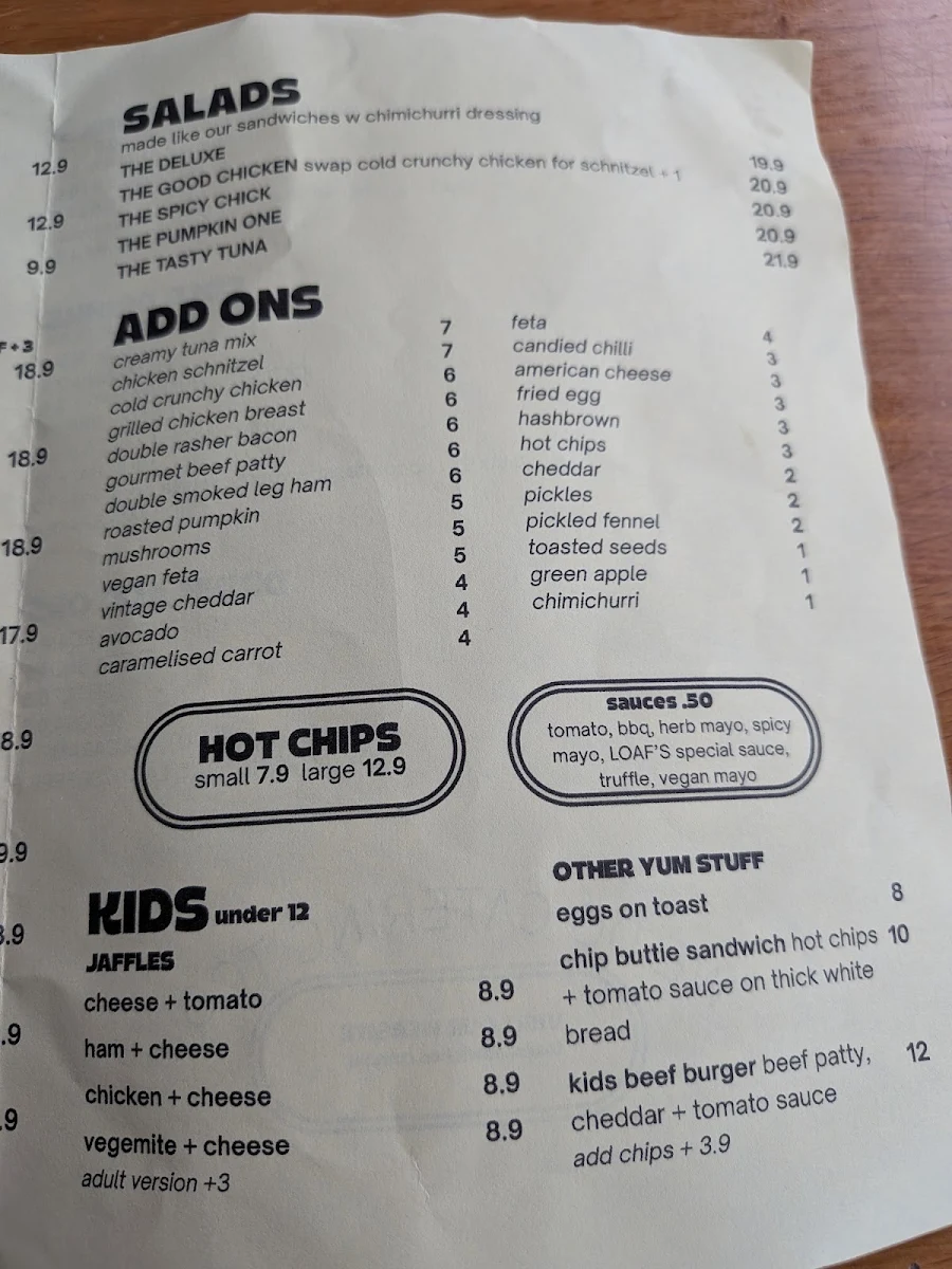 Menu, LOAF Cronulla