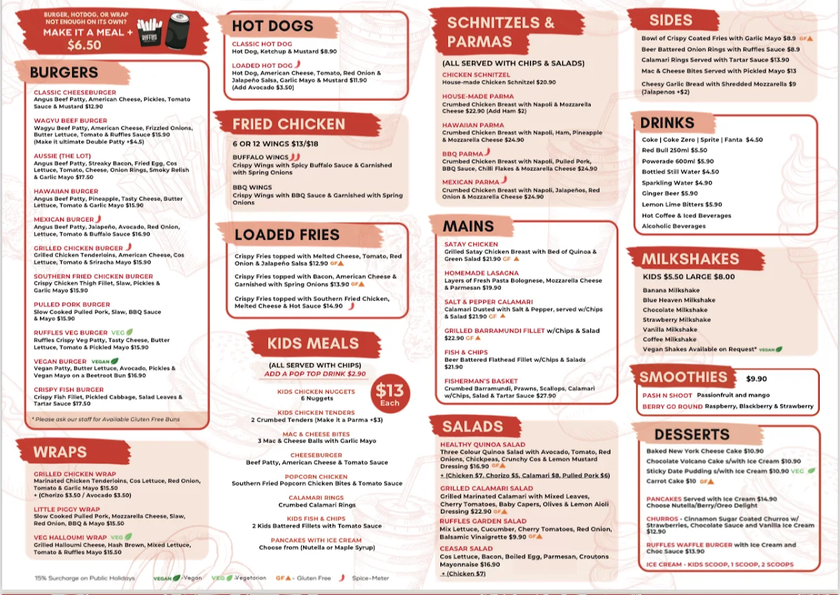 Menu, Ruffles Burgers & Grill
