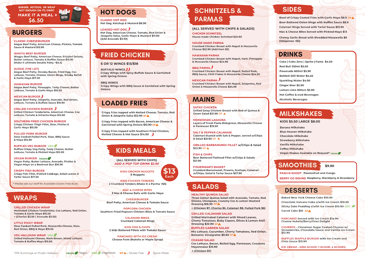 Menu, Ruffles Burgers & Grill