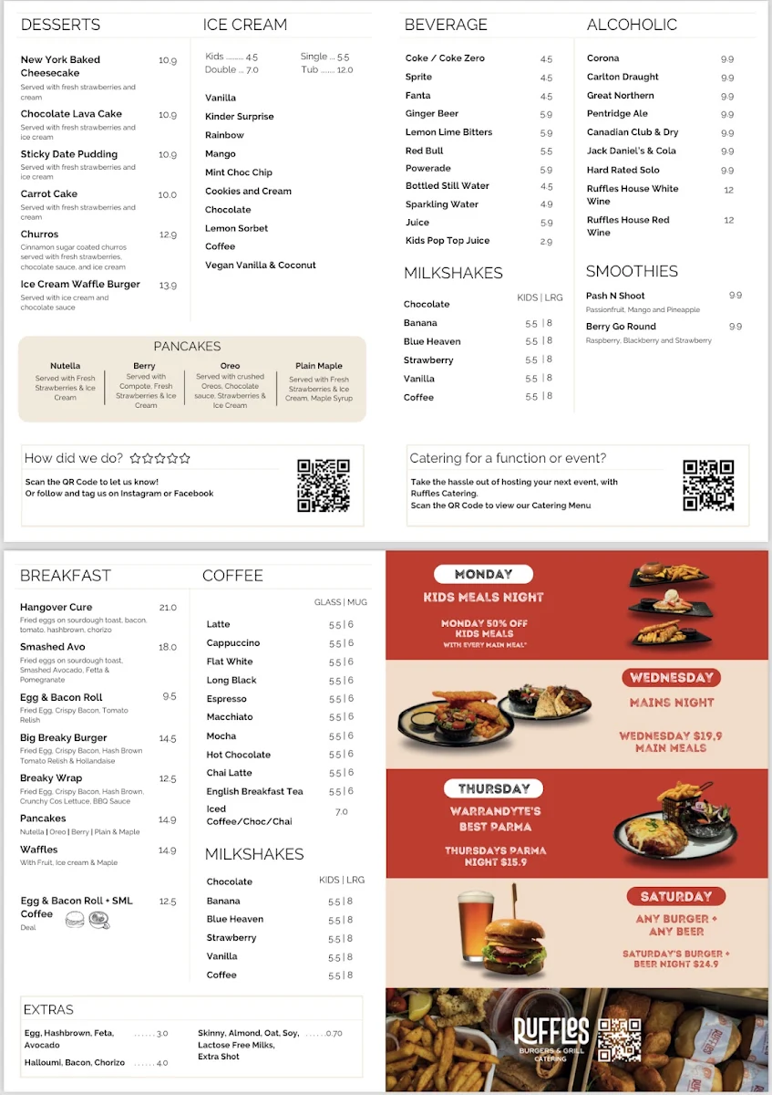 Menu, Ruffles Burgers & Grill