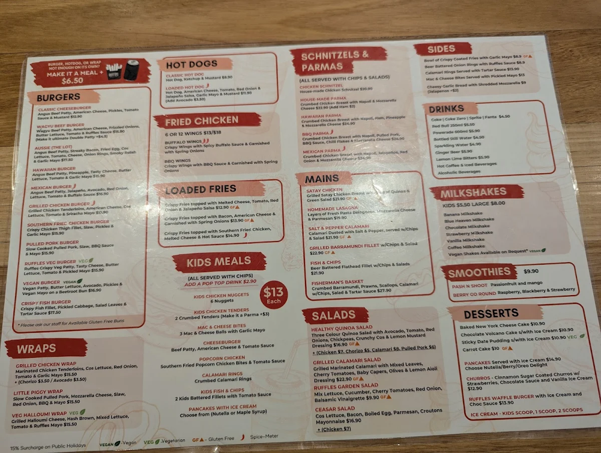 Menu, Ruffles Burgers & Grill